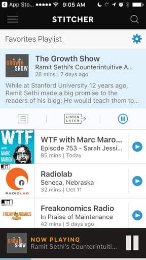 Stitcher mobile app for listening to a podcast or audiobook
