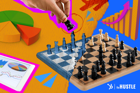 Minimum Viable Product: A chess board is in the middle surrounded by orange and blue.