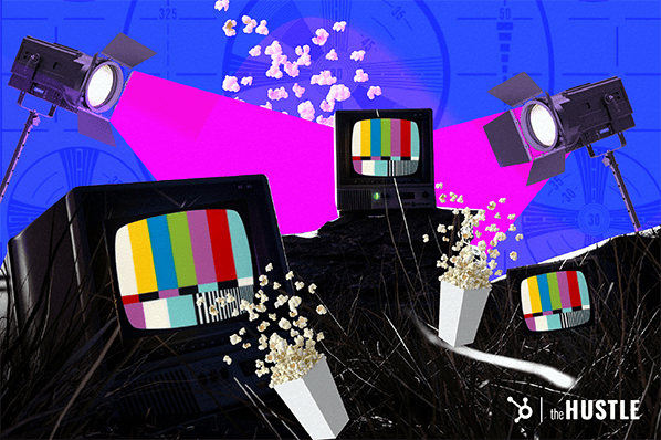Small Business Podcasts: Three TVs sat next to each other with popcorn flying.