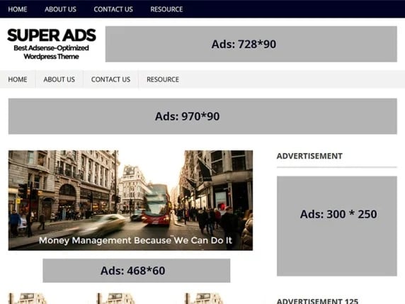 SuperAds WordPress theme demo with multiple advertising spaces