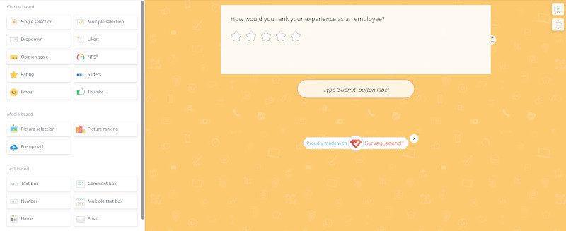 surveylegend example survey with "rank your experience" question and star rating system