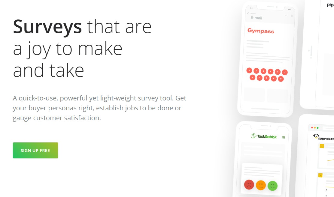 survicate homepage that reads "surveys that are a joy to make and take"