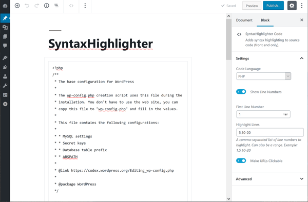 Configure your code block settings in the right column using the SyntaxHighlighter plugin