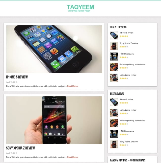 Taqyeem WordPress review plugin demo includes reviews in posts and sidebar