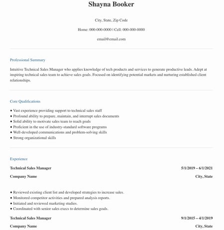 Technical sales manager resume example