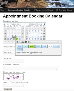 Formulário de marcação de compromissos criado com o plugin Calendário de Marcação de Compromissos para WordPress