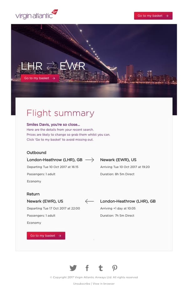 Virgin Atlantic stylish abandoned cart email.