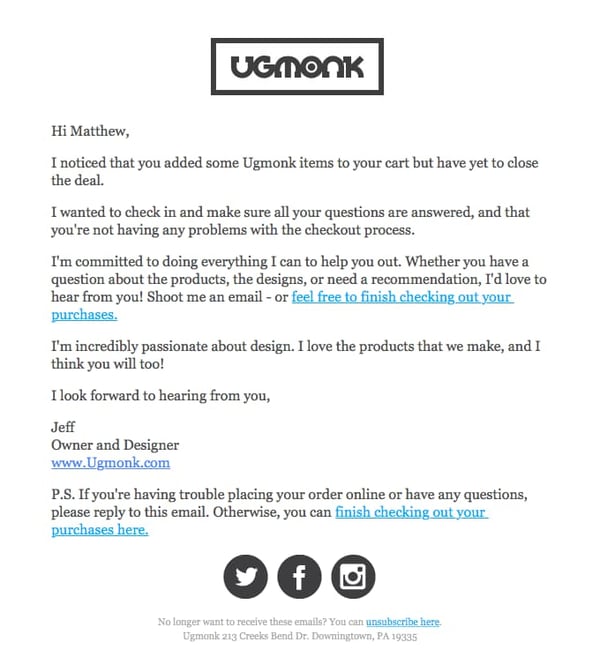 El correo electrónico de carrito abandonado de Ugmonk se centra en la personalización.