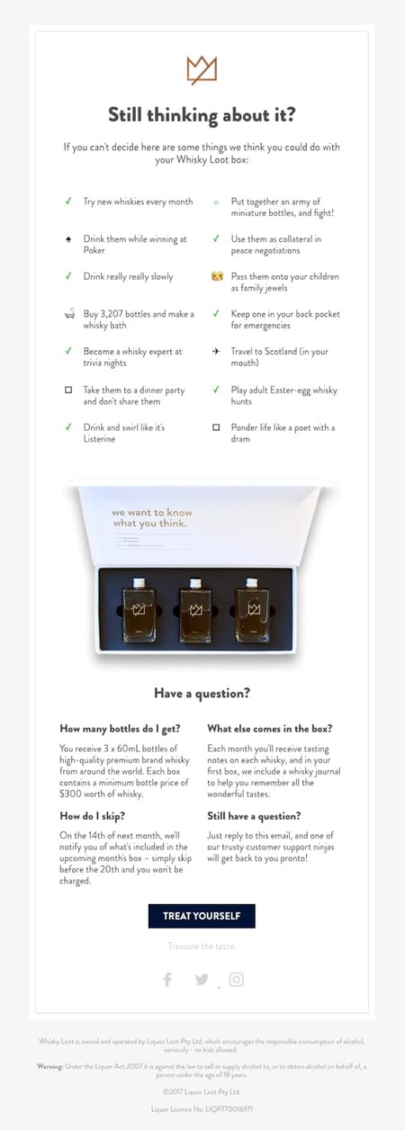 Whiskey Loot engaging abandoned cart email.