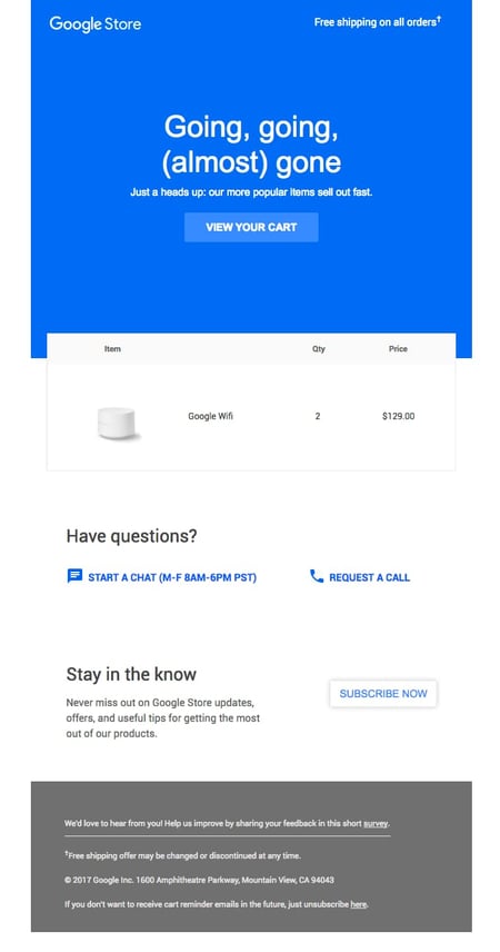 Google uses great copywriting in abandoned cart email.