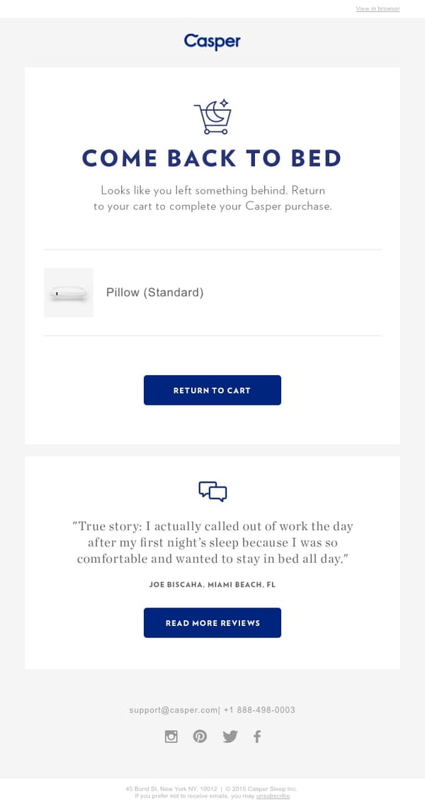 Casper uses clean design in abandoned cart email.