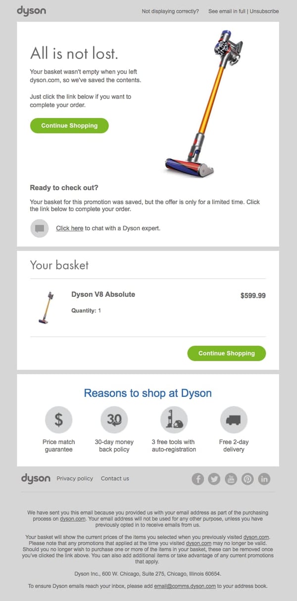 Excelente ejemplo de correo electrónico de carrito abandonado de Dyson.