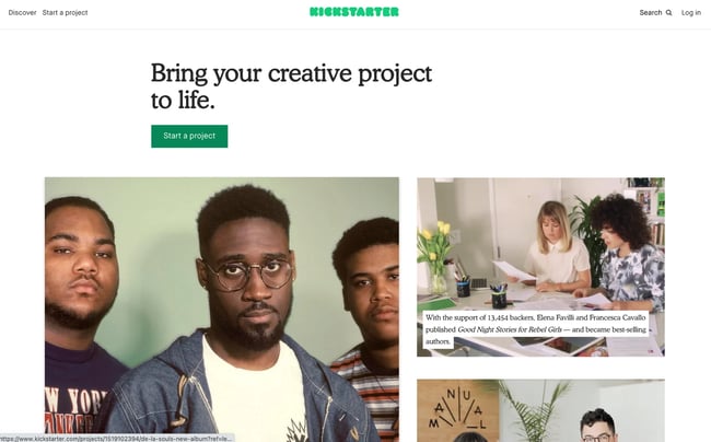 Business crowdfunding: homepage for kickstarter 