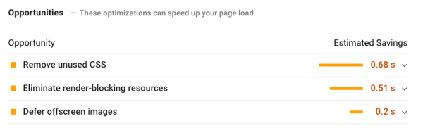 opportunity suggestions on Google PageSpeed Insights