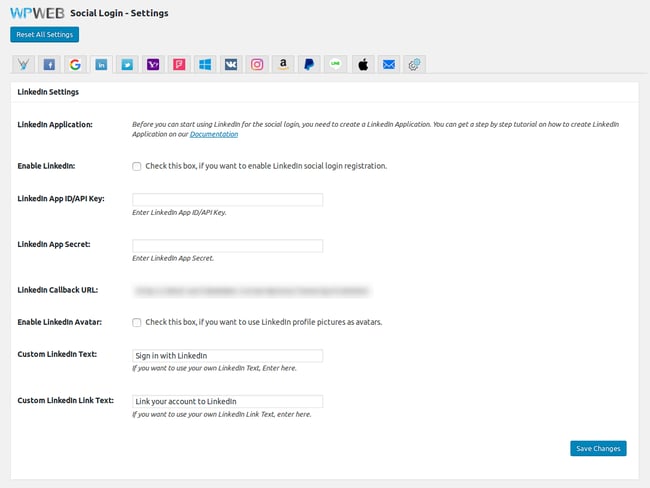 The LinkedIn Settings page for the WooCommerce Social Login plugin