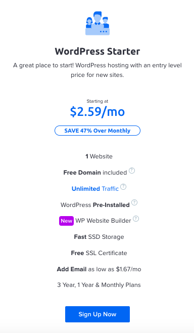 When comparing WordPress vs Tumblr, consider costs. Here's Features of Dreamhost's WordPress hosting plan for less than $3 per month