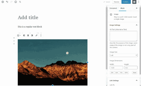 Dragging and dropping image of mountains in WordPress Gutenberg editor