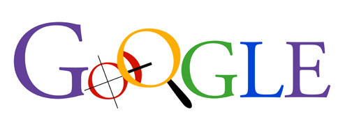 Early capitalized Google logo iteration with solid colors where the first O is a compass and the second O is a magnifying glass.