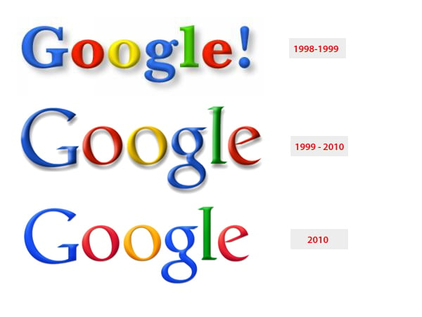 Original 1998 Google logo compared to iterations from Ruth Kedar launched in 1999 through 2010