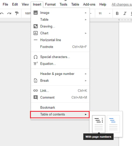 google docs inserting a table of contents