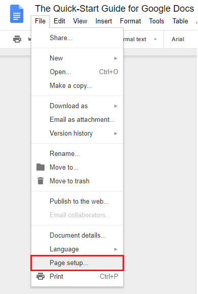 configuração da página do Google Docs