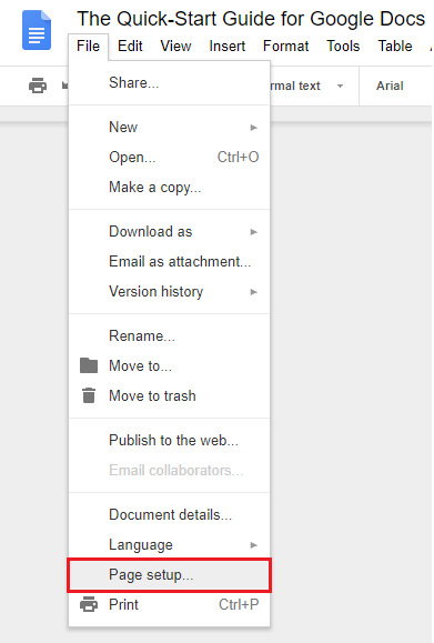 google docs page setup