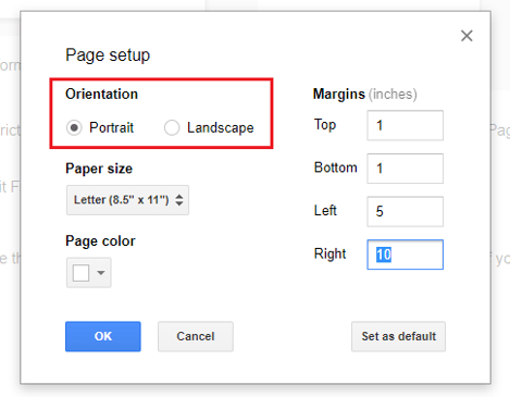 google docs page setup orientation