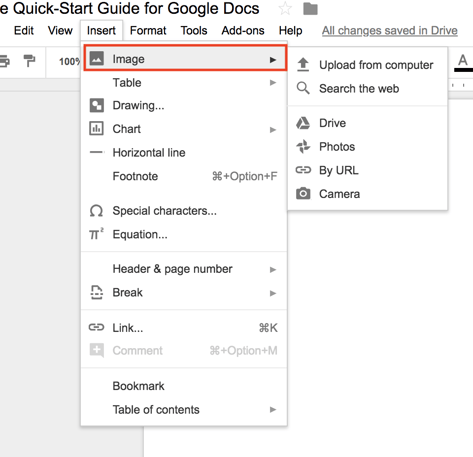 Google Docs Inserir menu de imagem
