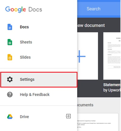 configurações de menu do Google Docs