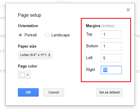 configurações de margens da página do Google Doc