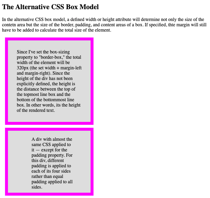 The alternative CSS box model example using padding shorthand and longform methods