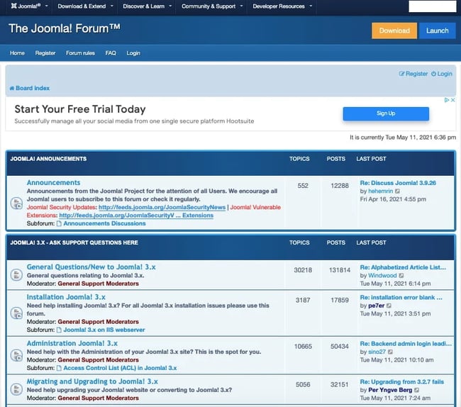 The top threads on Joomlas support forum cover thousands of topics
