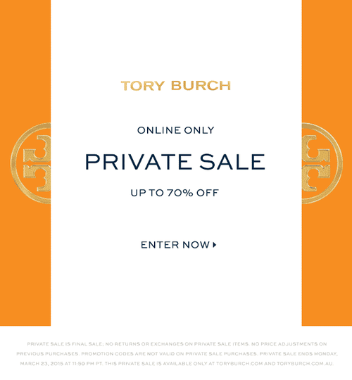 tory burch email with animation with curtains that pull back to reveal text: "tory burch online only private sale up to 70% off"