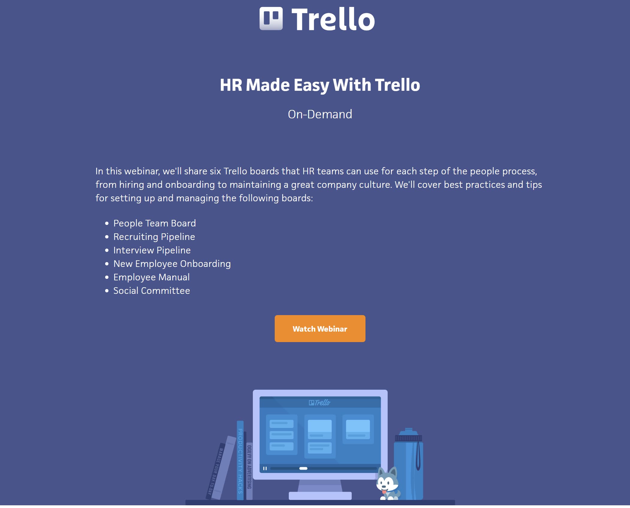 Contoh halaman arahan webinar dari Trello
