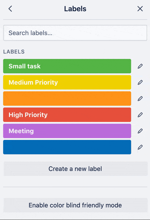 Trello labels in color blind friendly mode use patterns