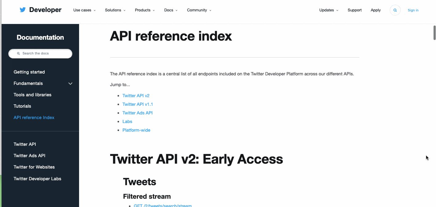 Twitter API reference index