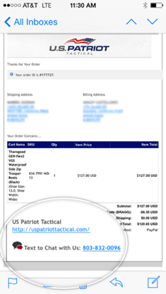 Text chat window on U.S. Patriot Tactical mobile website