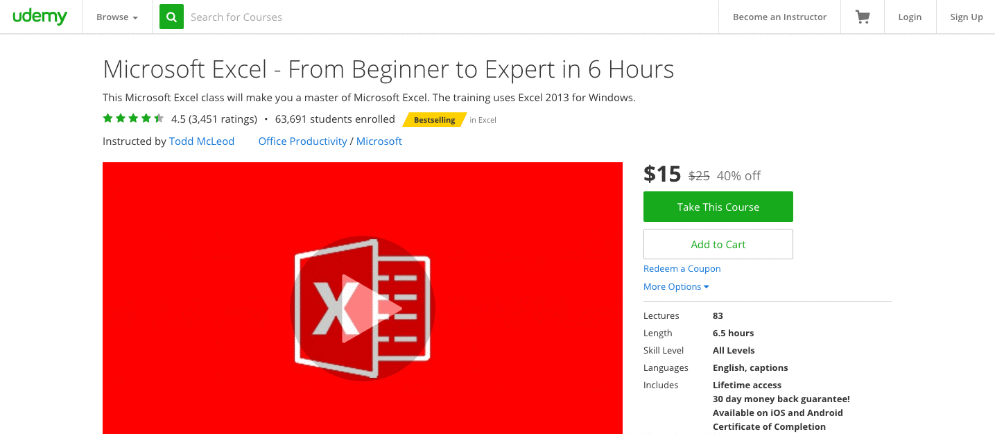 Udemy Excel training courses