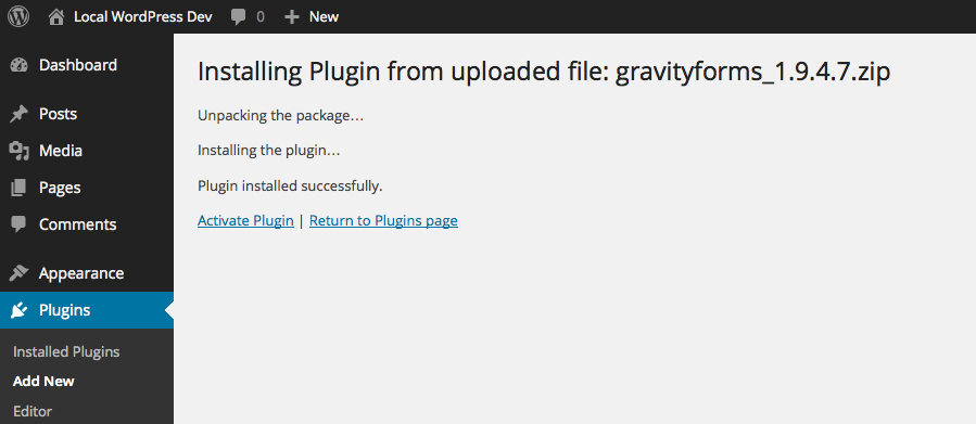Install page for installing and activating the Gravity Forms WordPress plugin.