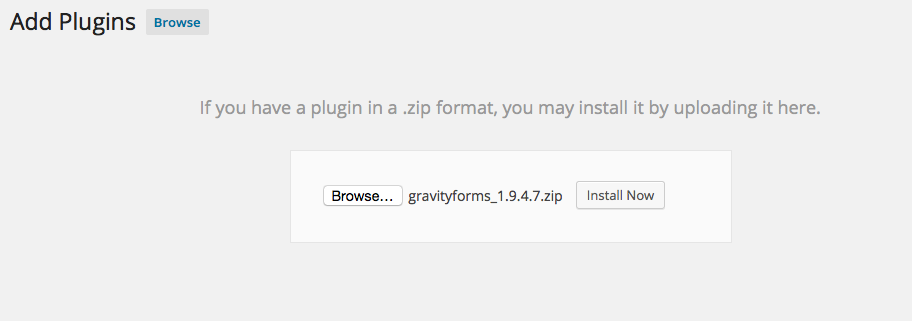 Upload page for uploading Gravity Forms to WordPress.