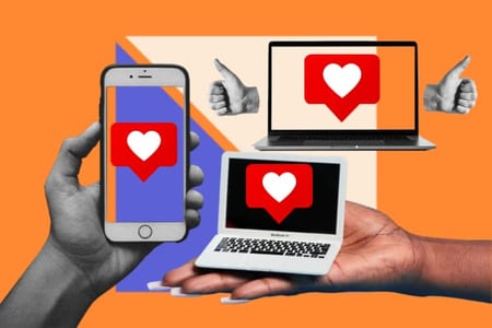 A white heart on a red square appears on a laptops and sell phone, symbolizing integrated marketing