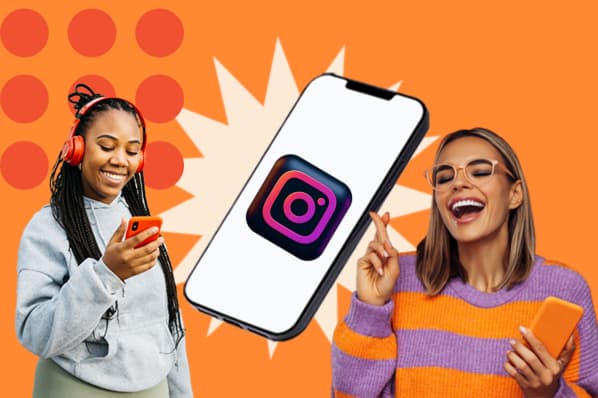 To woman check Instagram on their phone and are happy with results thank to apps for Instagram posts. 
