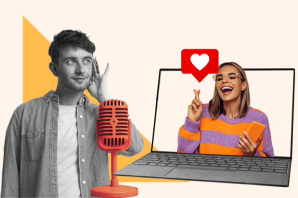 A man speaks into a podcast mic as a woman appears on a laptop screen; influencers vs. content creators