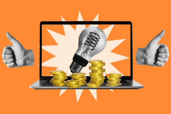 A laptop shows a lightbulb on screen and displays coins on its keyboard to symbolize content intelligence and it's role in generating revenue. 