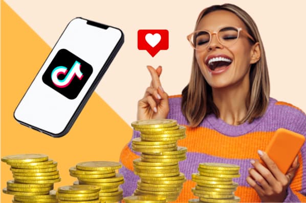 A woman smiles happily making content for TikTok