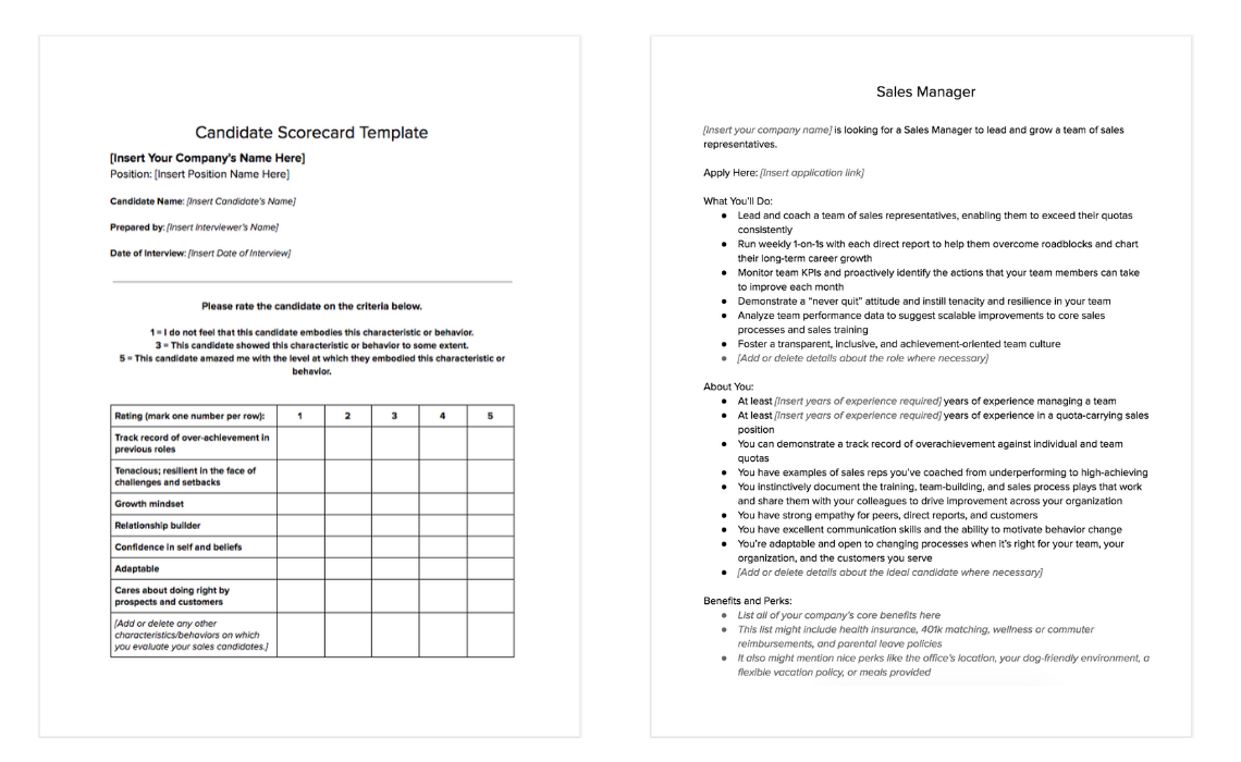 sales hiring and interviewing kit which includes the candidate scorecard template and a sales manager job description template