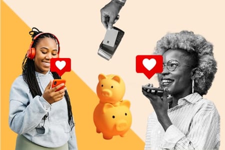 A gen Z ad millennial woman use their phones and consider purchases 