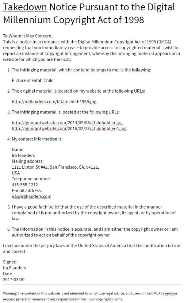 Example of DMCA notice you can send to website that's hotlinking an image or file from your website