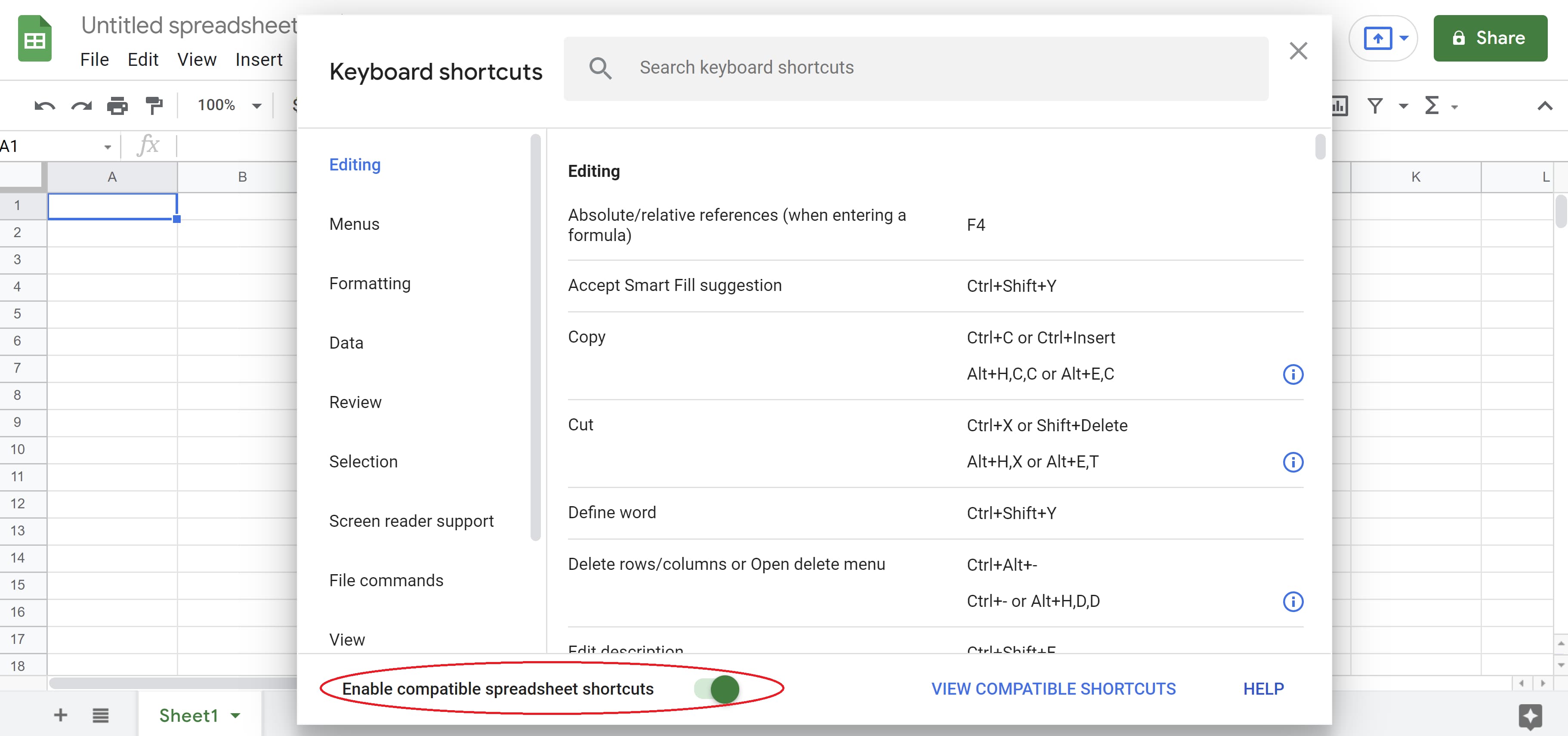 How to enable Excel shortcuts with Google Sheets shortcuts