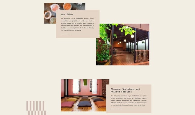 web design trends: broken grids shows a website with images overlaying and text on top of neutral colored squares. 